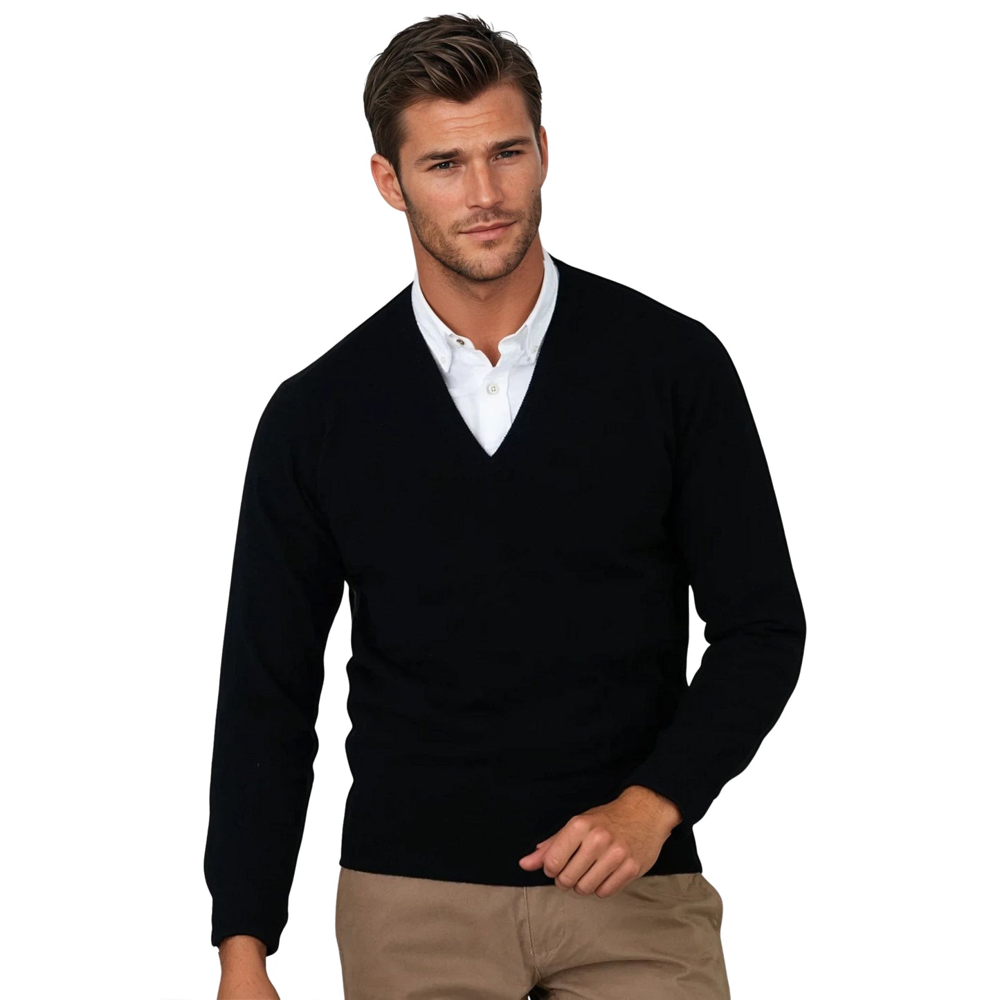 Men's Super-Fine Geelong Lambswool V-Neck Sweater | Black