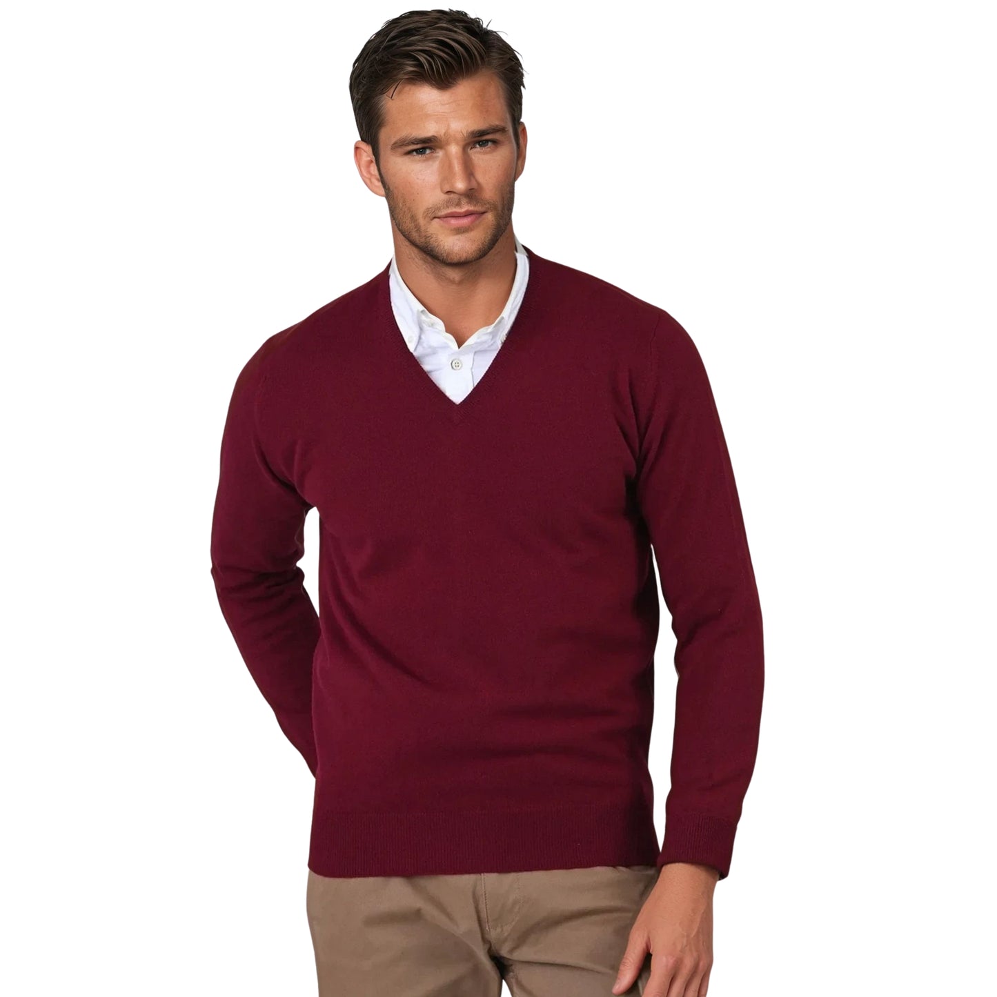 Men's Super-Fine Geelong Lambswool V-Neck Sweater | Claret