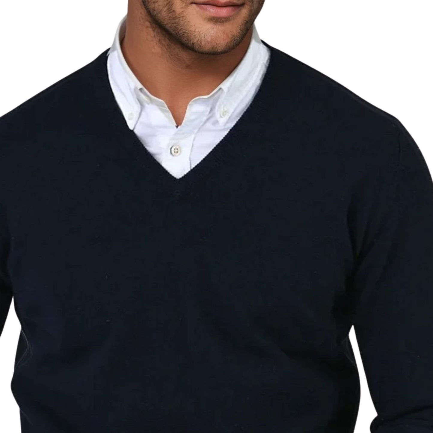 Men's Super-Fine Geelong Lambswool V-Neck Sweater | Navy Blue
