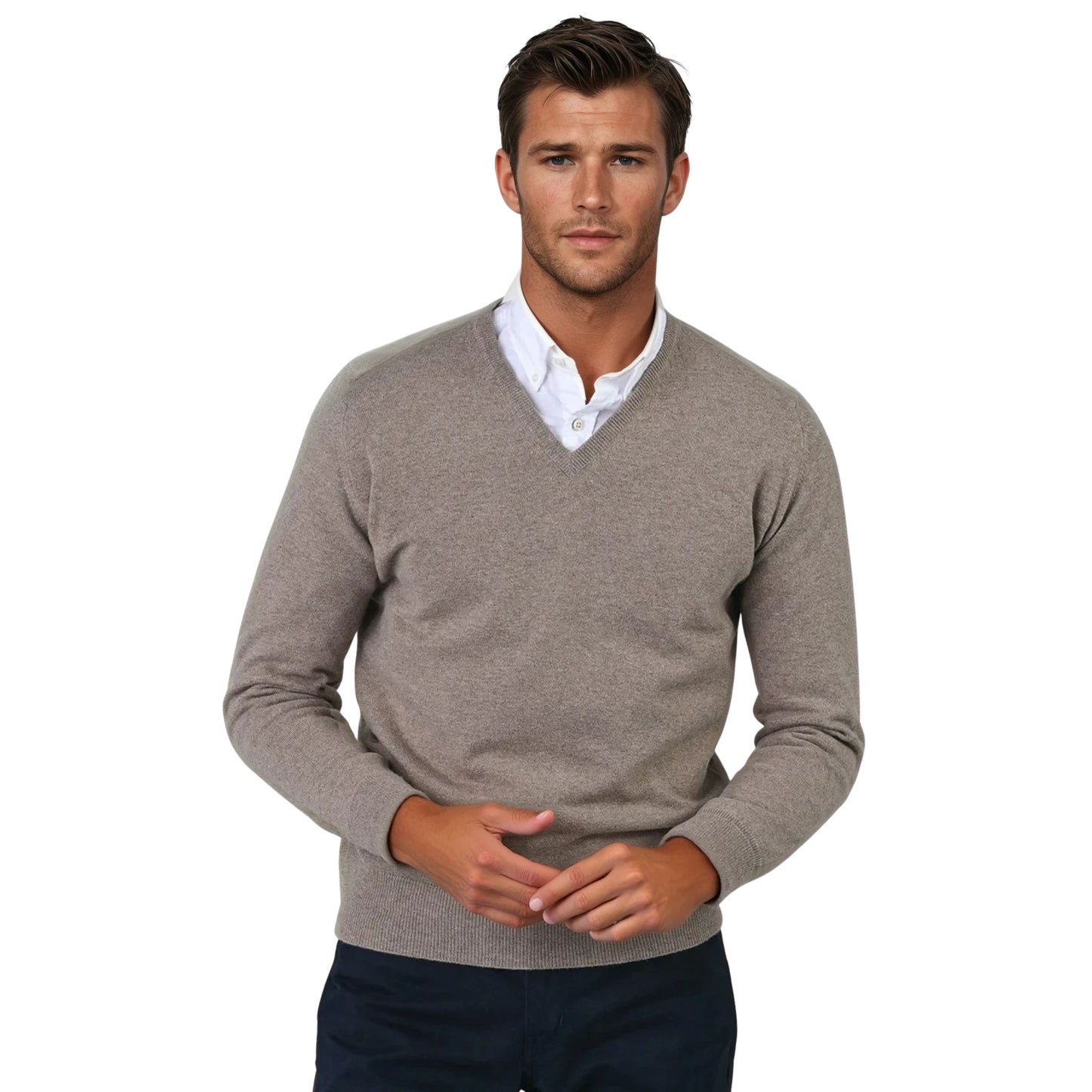 Men's Super-Fine Geelong Lambswool V-Neck Sweater | Dark Natural