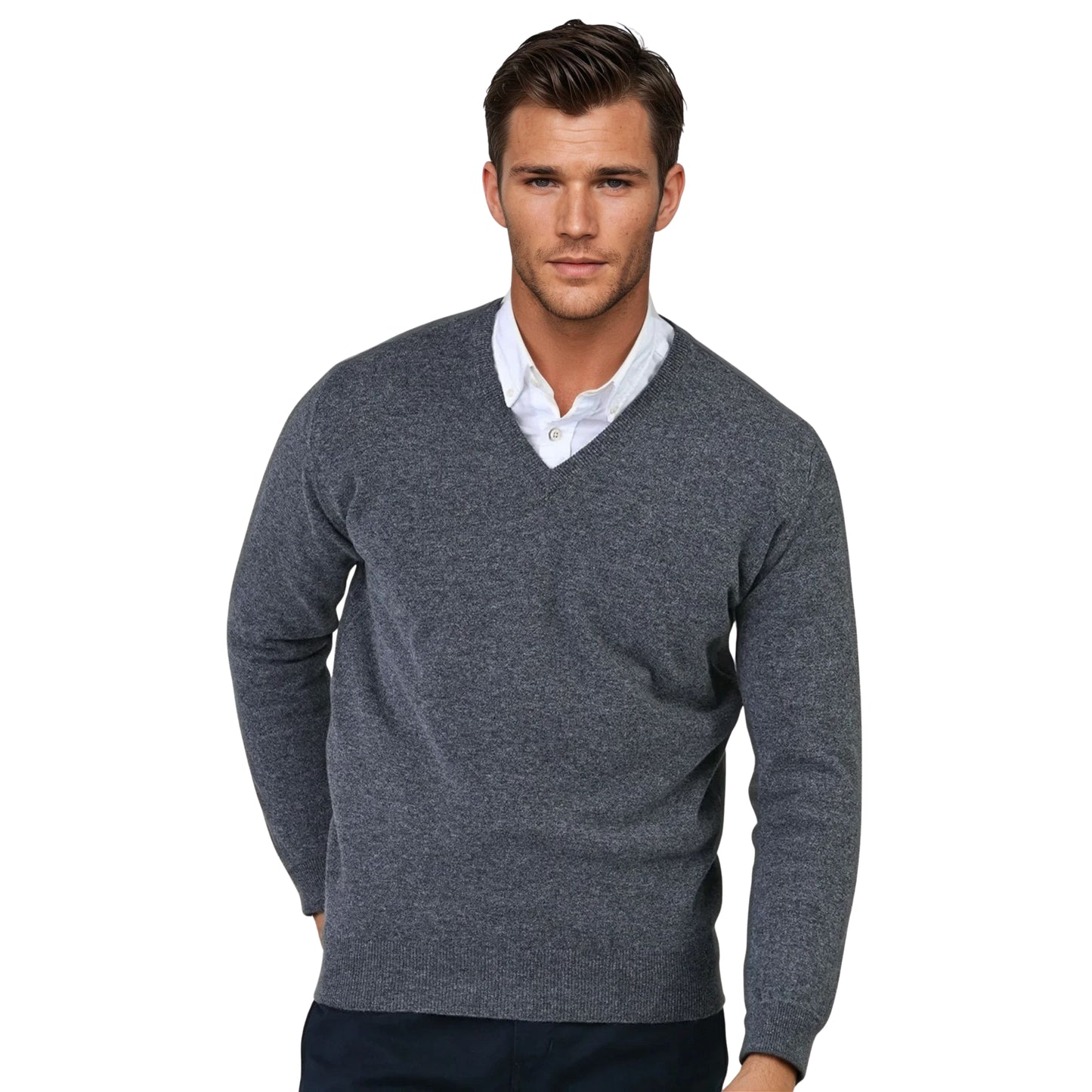 Men's Super-Fine Geelong Lambswool V-Neck Sweater | Derby Grey