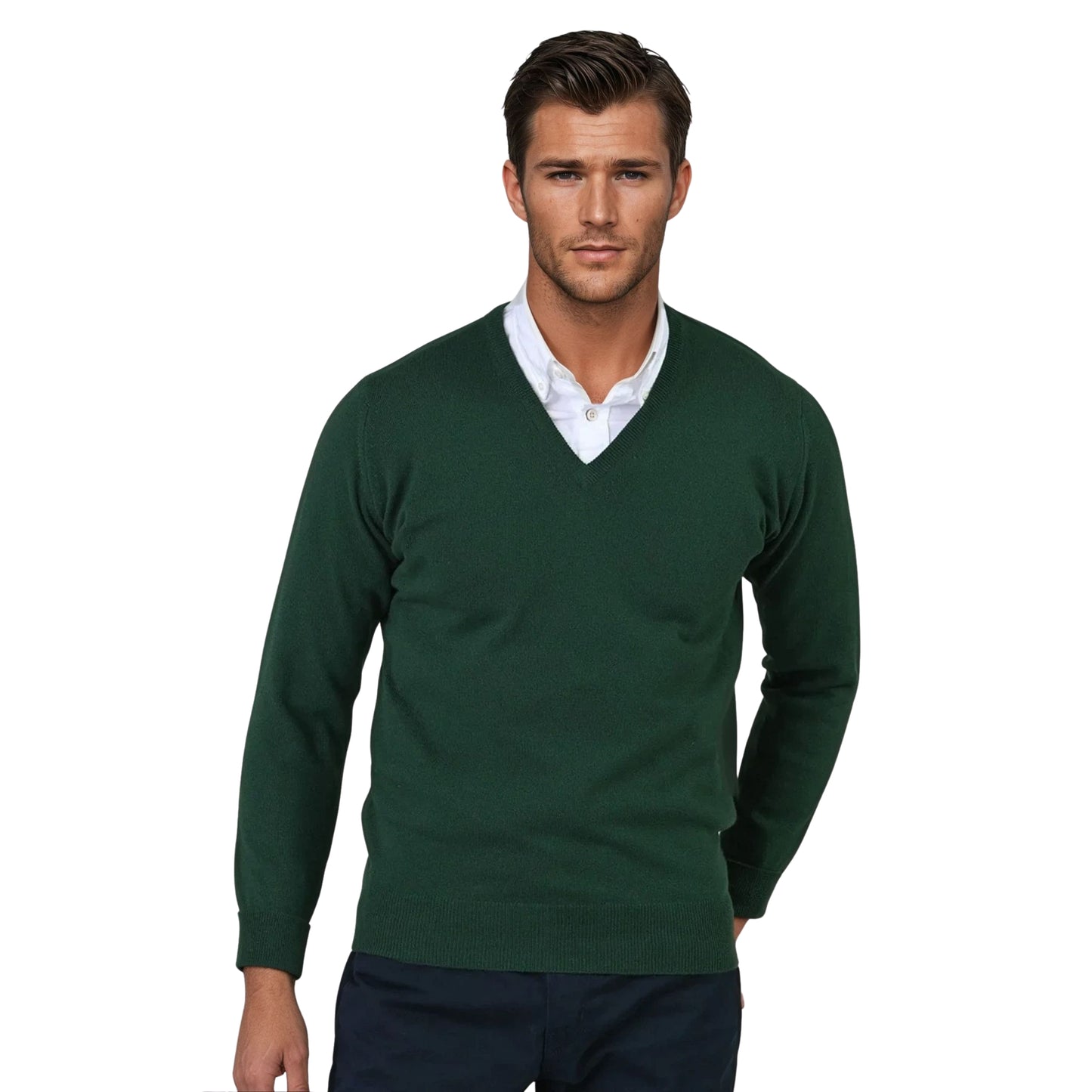 Men's Super-Fine Geelong Lambswool V-Neck Sweater | Hedgerow Green