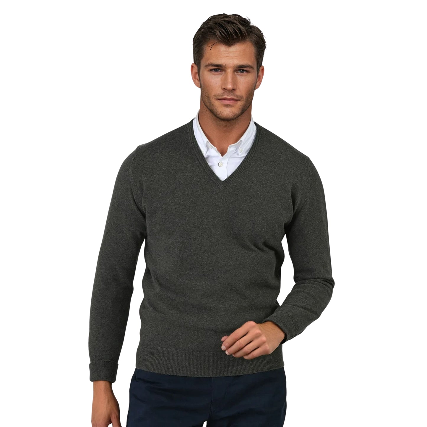 Men's Super-Fine Geelong Lambswool V-Neck Sweater | Loden Green Mix