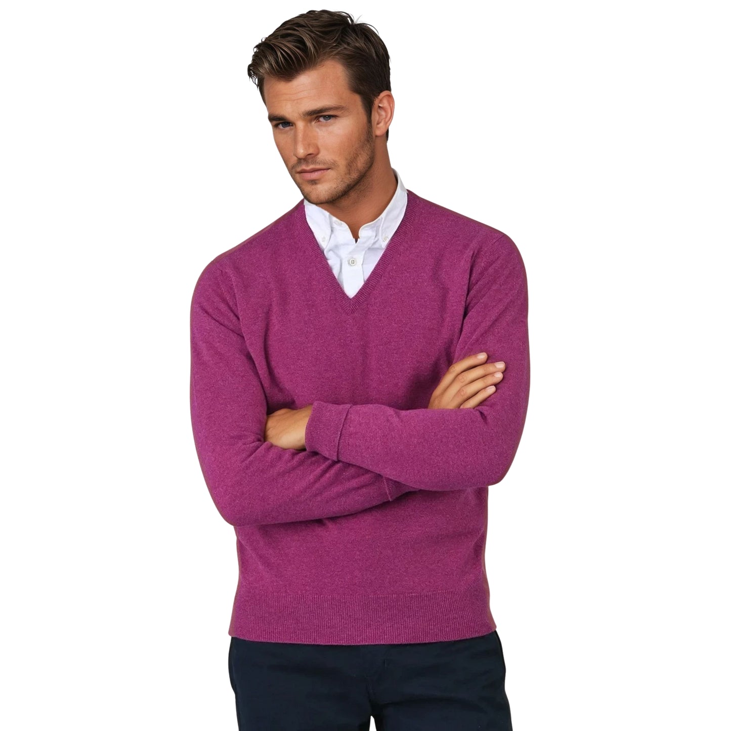 Men's Super-Fine Geelong Lambswool V-Neck Sweater | Loganberry