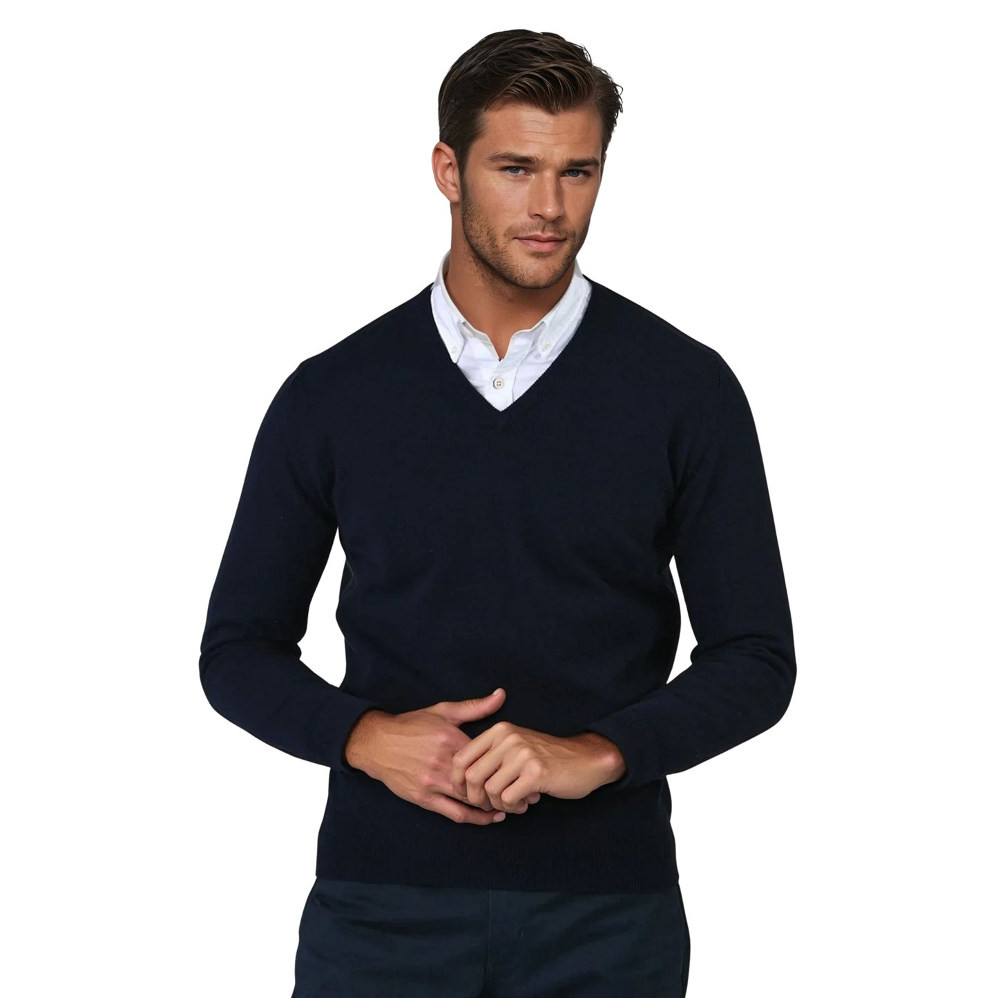 Men's Super-Fine Geelong Lambswool V-Neck Sweater | Navy Blue