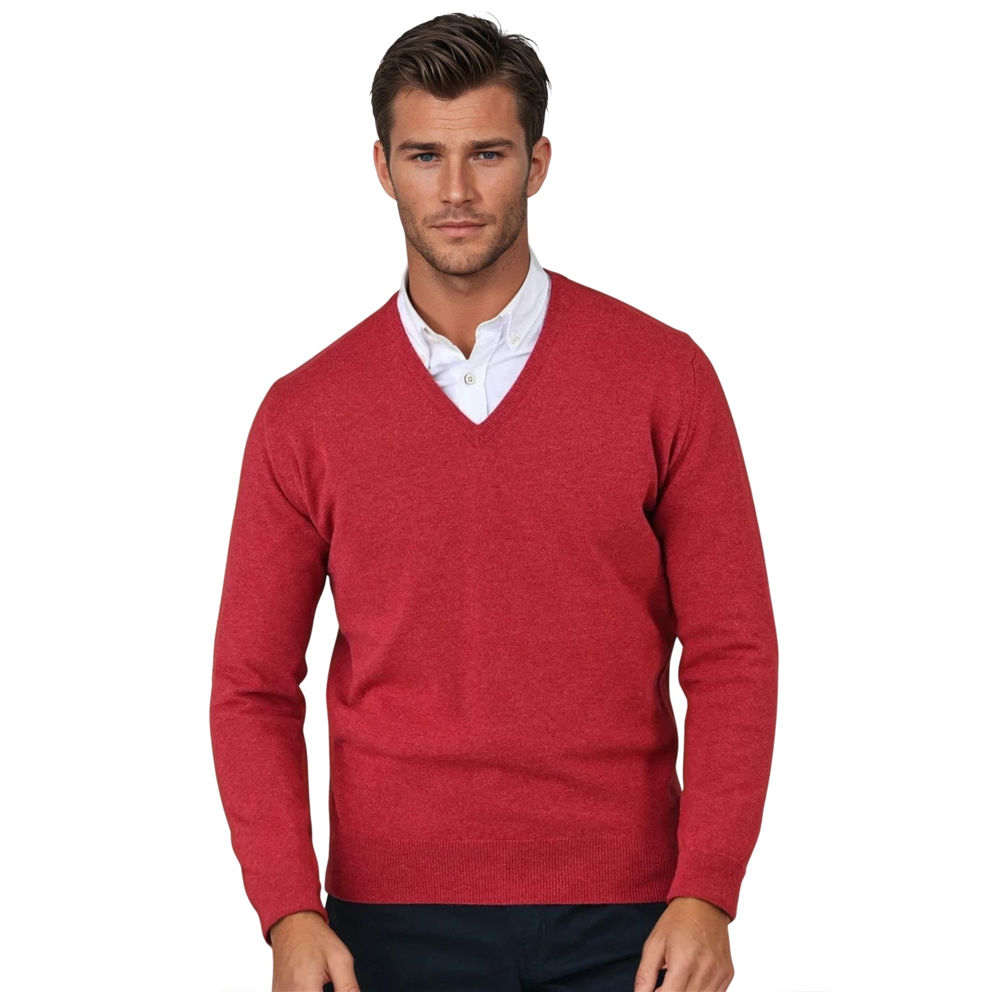 Men's Super-Fine Geelong Lambswool V-Neck Sweater | Poppy Mélange