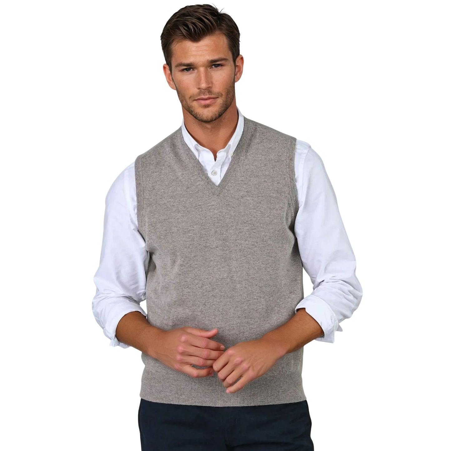 Men's Super-Fine Geelong Lambswool Slipover Vest | Dark Natural