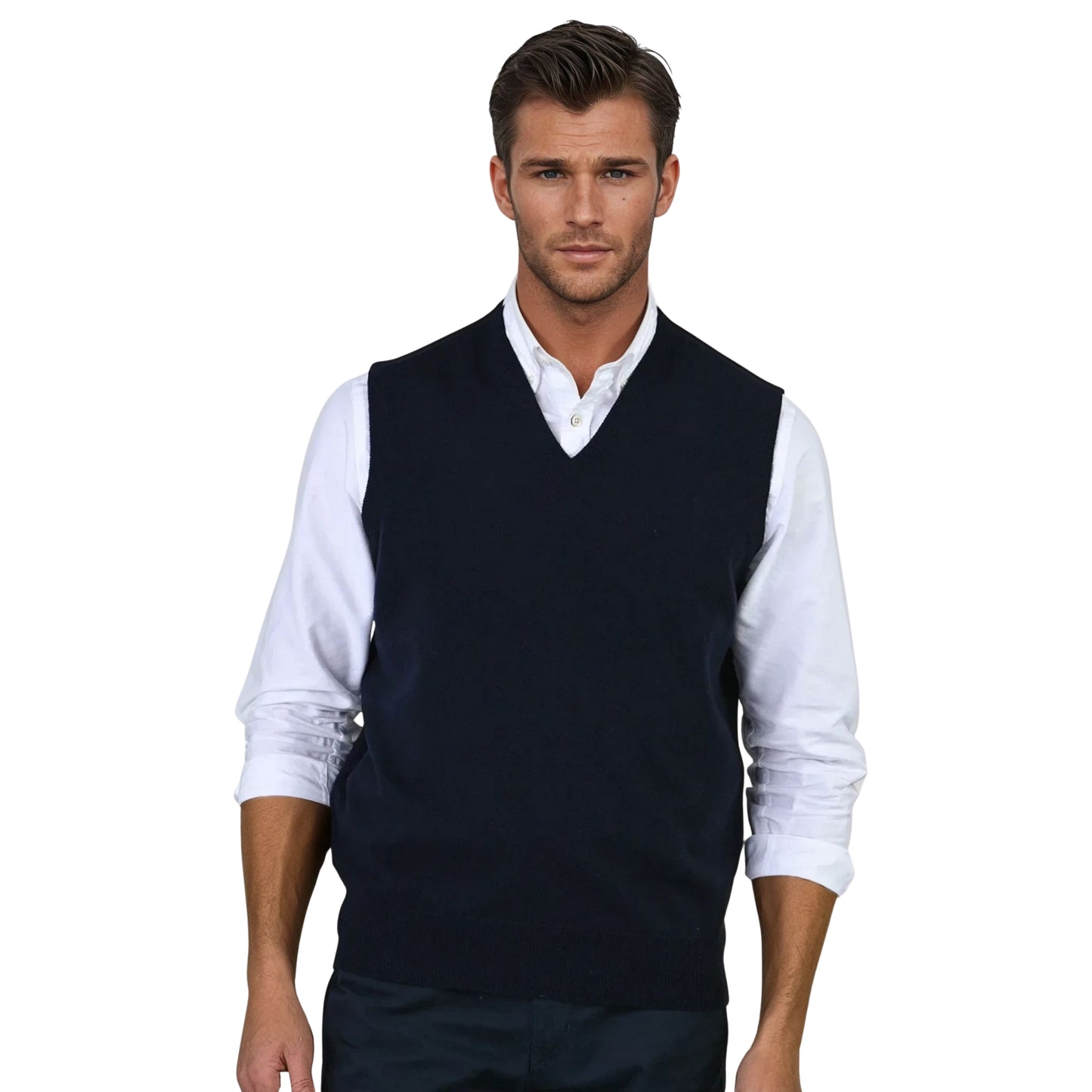 Men's Super-Fine Geelong Lambswool Slipover Vest | Navy Blue