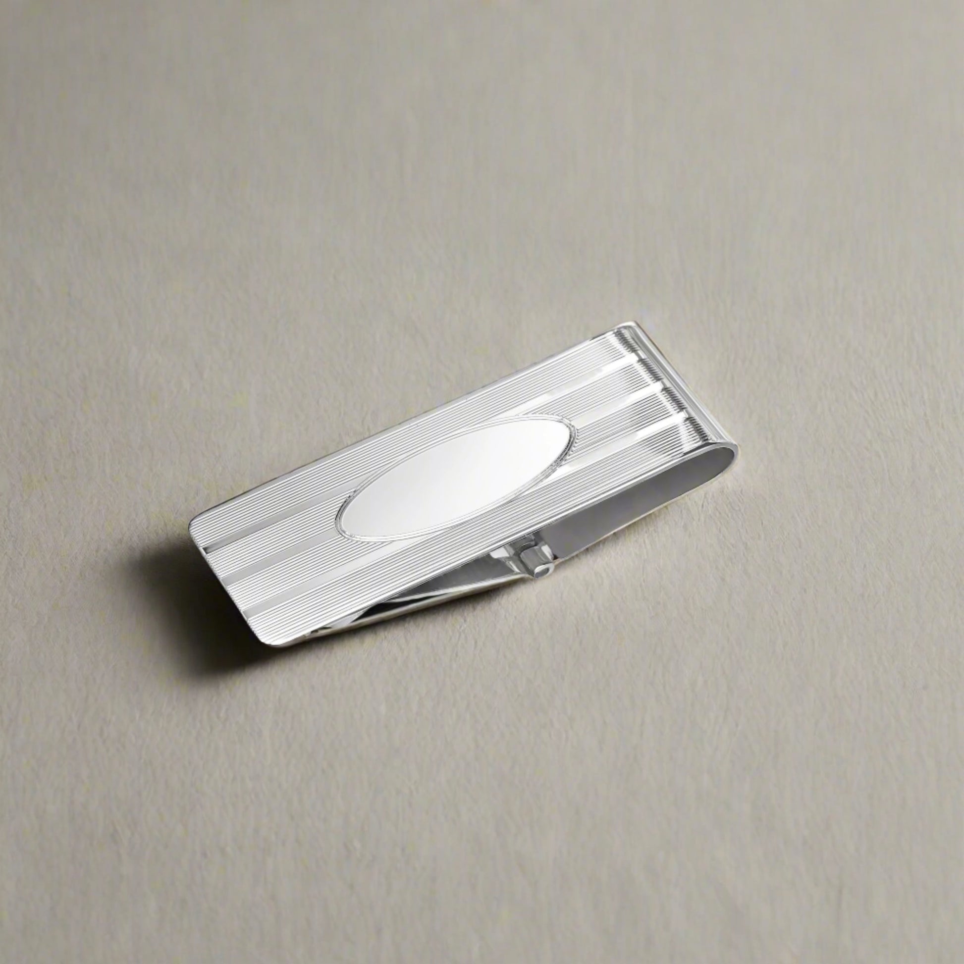 Sterling Silver Hinged Money Clip with Engine Turned Design and Oval Signet