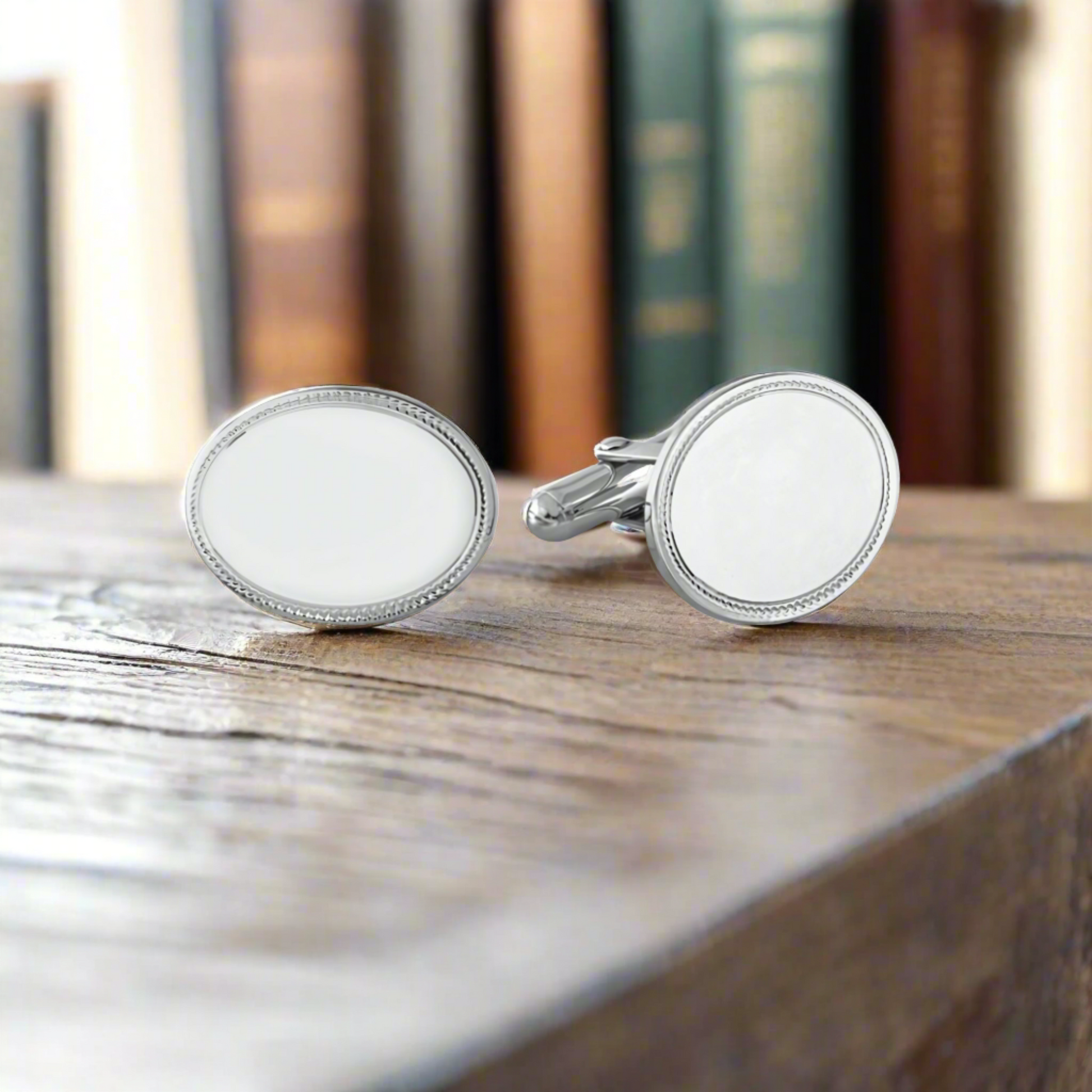 Sterling Silver Oval Cufflinks with Wriggled Engine Turned Design