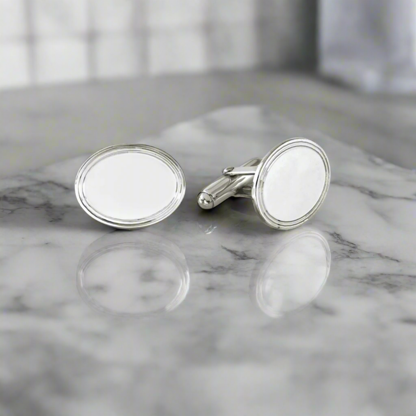 Sterling Silver Oval Cufflinks with Engine Turned Design