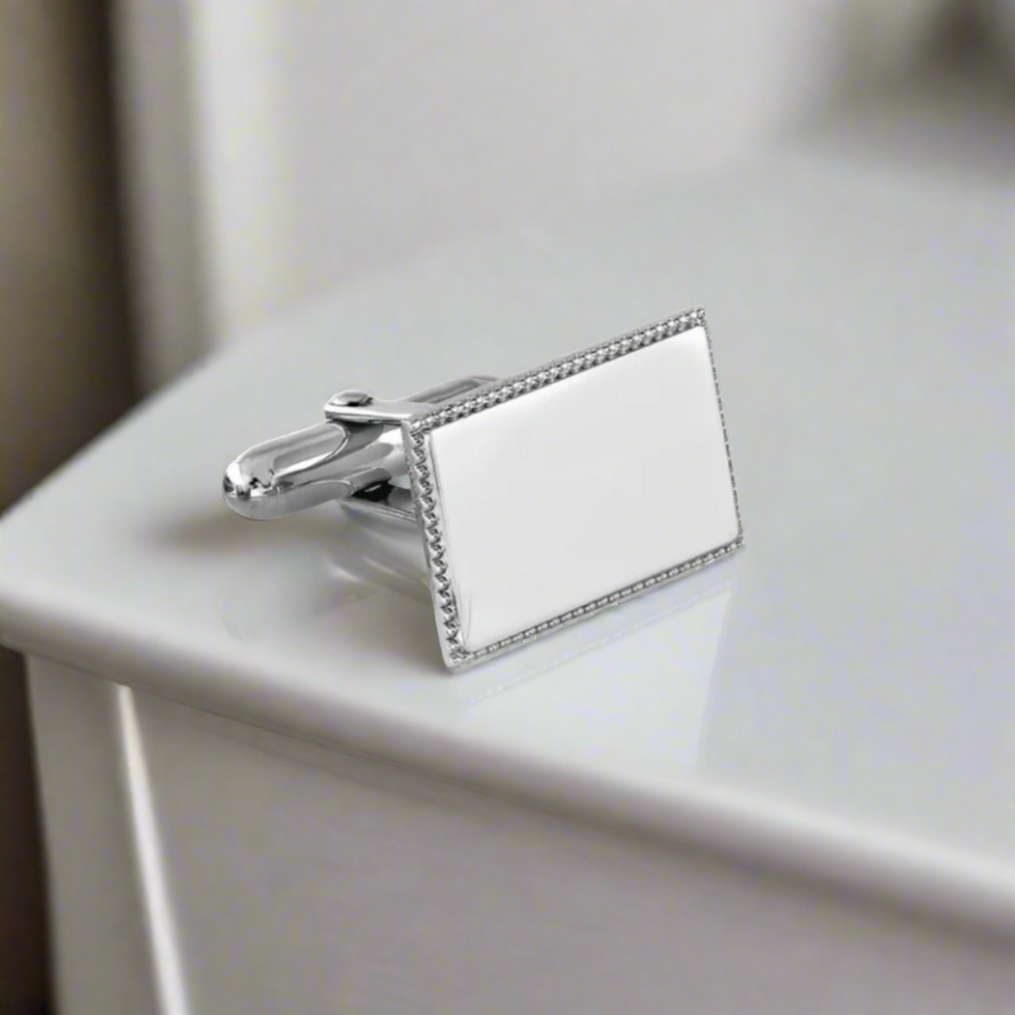 Sterling Silver Rectangular Cufflinks with Beaded Edge