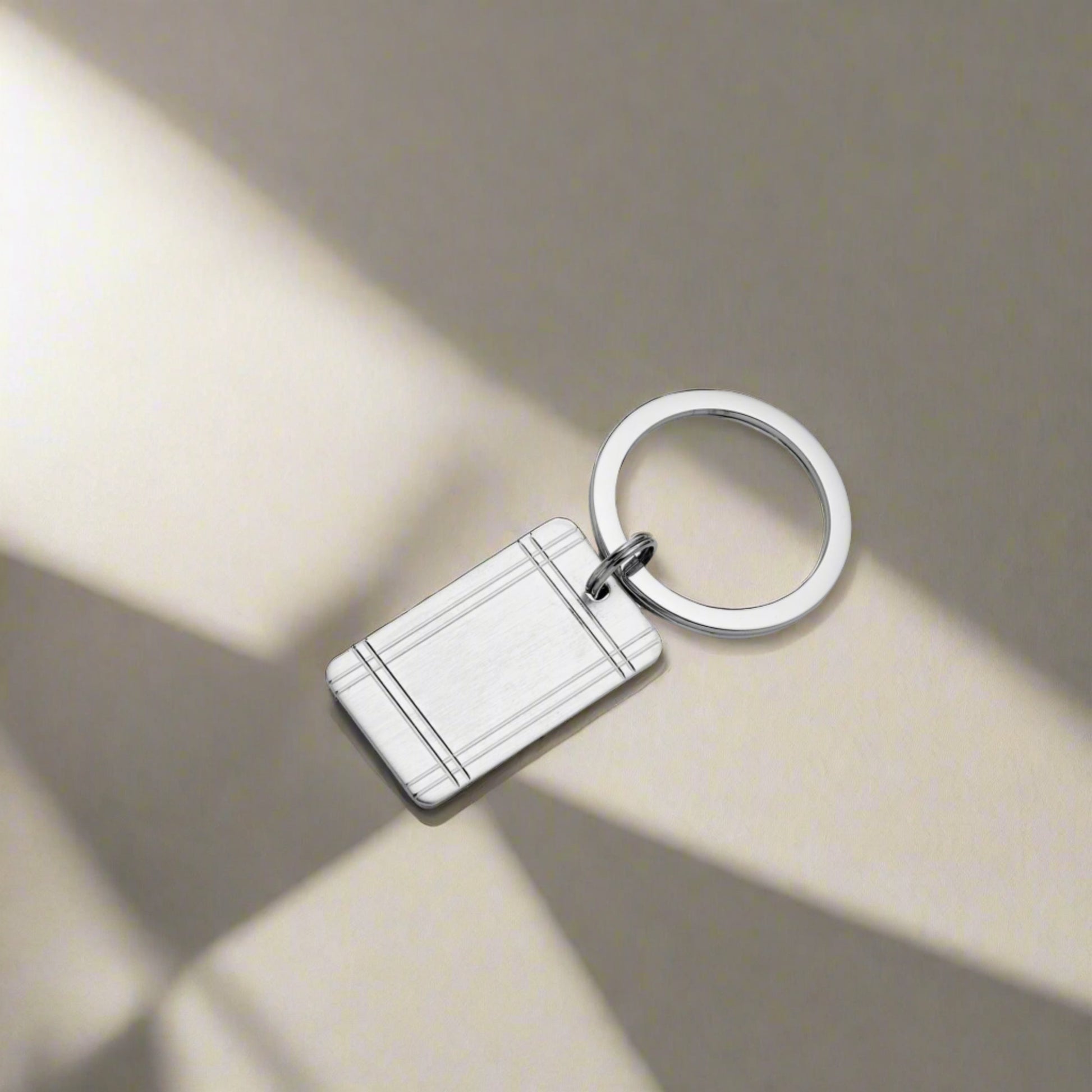 Sterling Silver Rectangular Key Ring with Engine Turned Plaid Design