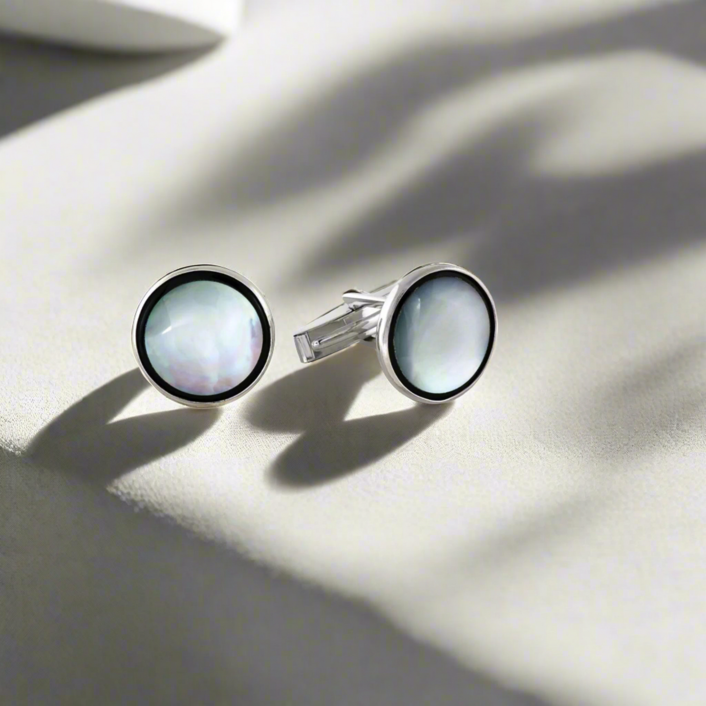 Sterling Silver Round Onyx & Mother of Pearl Cufflinks