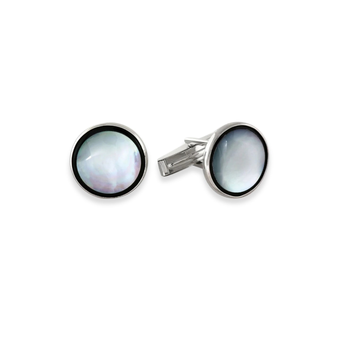 Sterling Silver Round Onyx & Mother of Pearl Tuxedo Stud Set