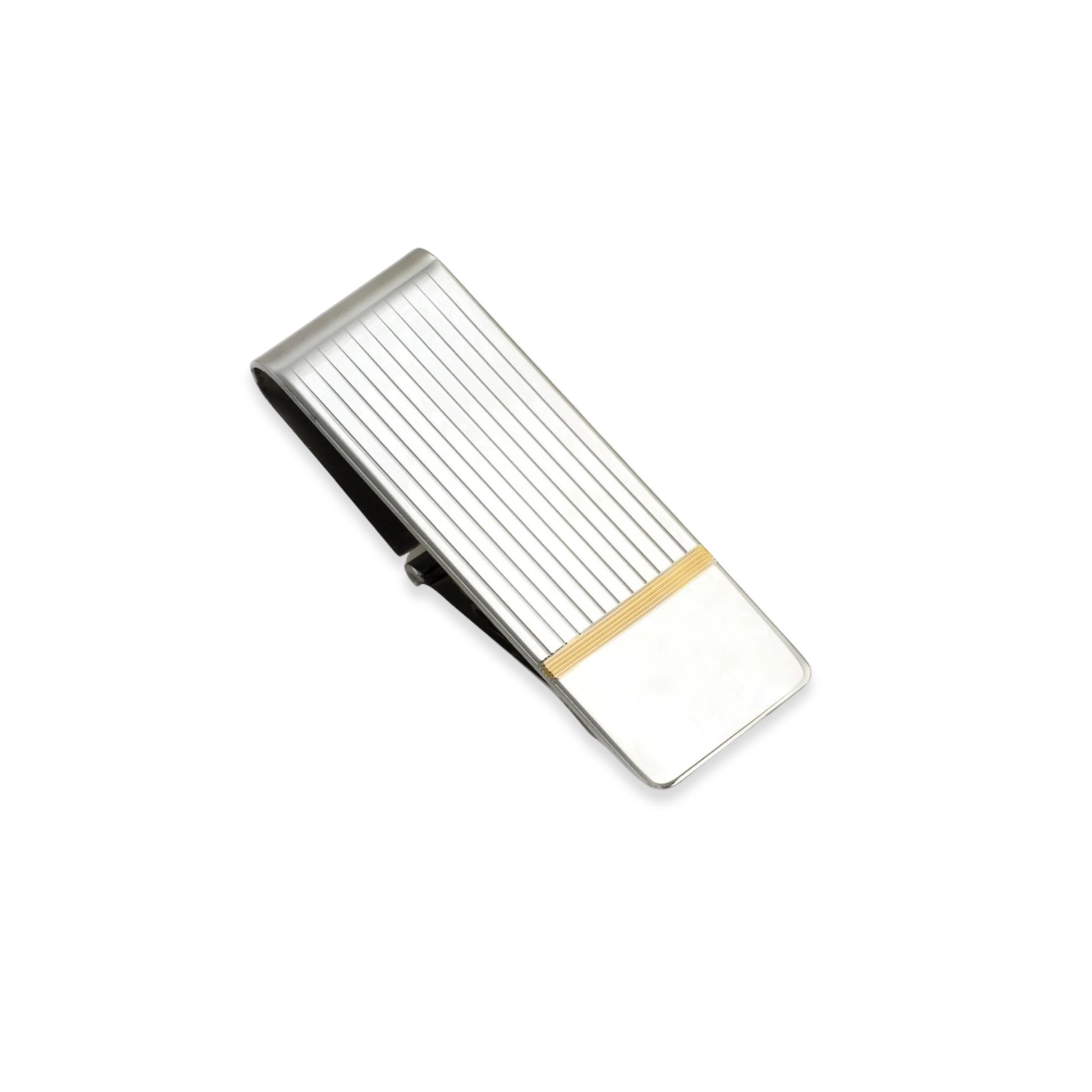 Sterling Silver and Gold Plate Hinged Money Clip with Linear Engine Turned Design and End Signet
