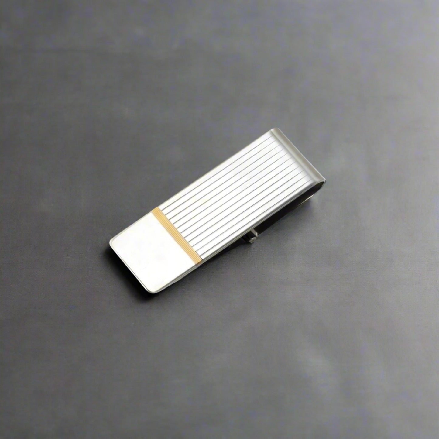 Sterling Silver and Gold Plate Hinged Money Clip with Linear Engine Turned Design and End Signet