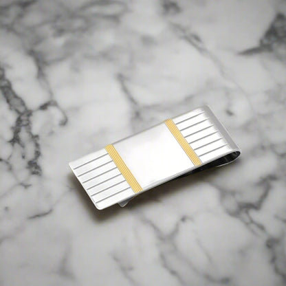 Sterling Silver and Gold Plate Money Clip with Linear Engine Turned Design and Signet