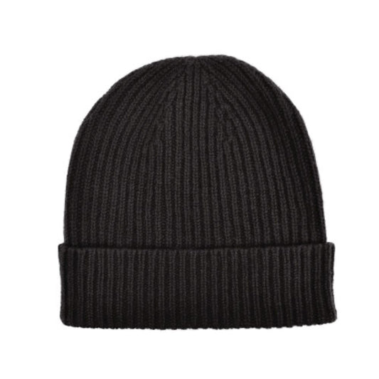 Three-Ply Cashmere Ribbed Hat in Black