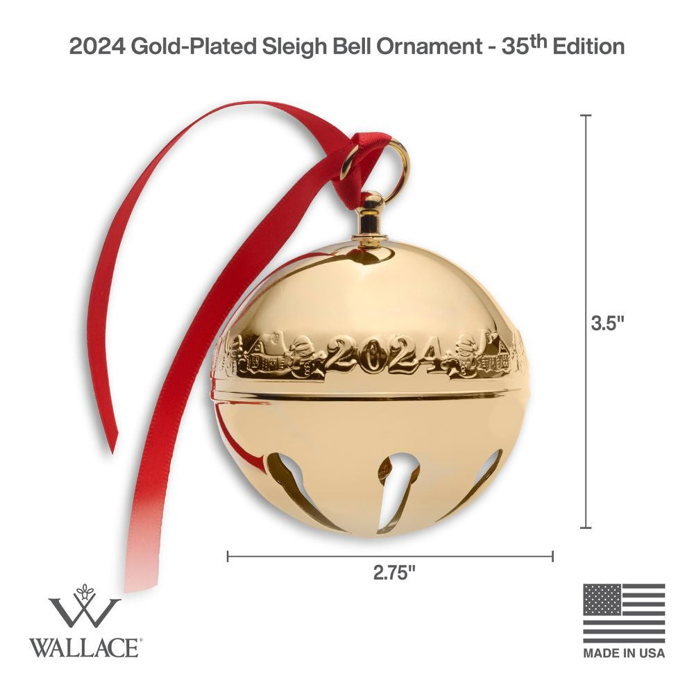 Wallace 2024 Gold-Plate Sleigh Bell - 35th Edition (Snowmen & Log Cabins)