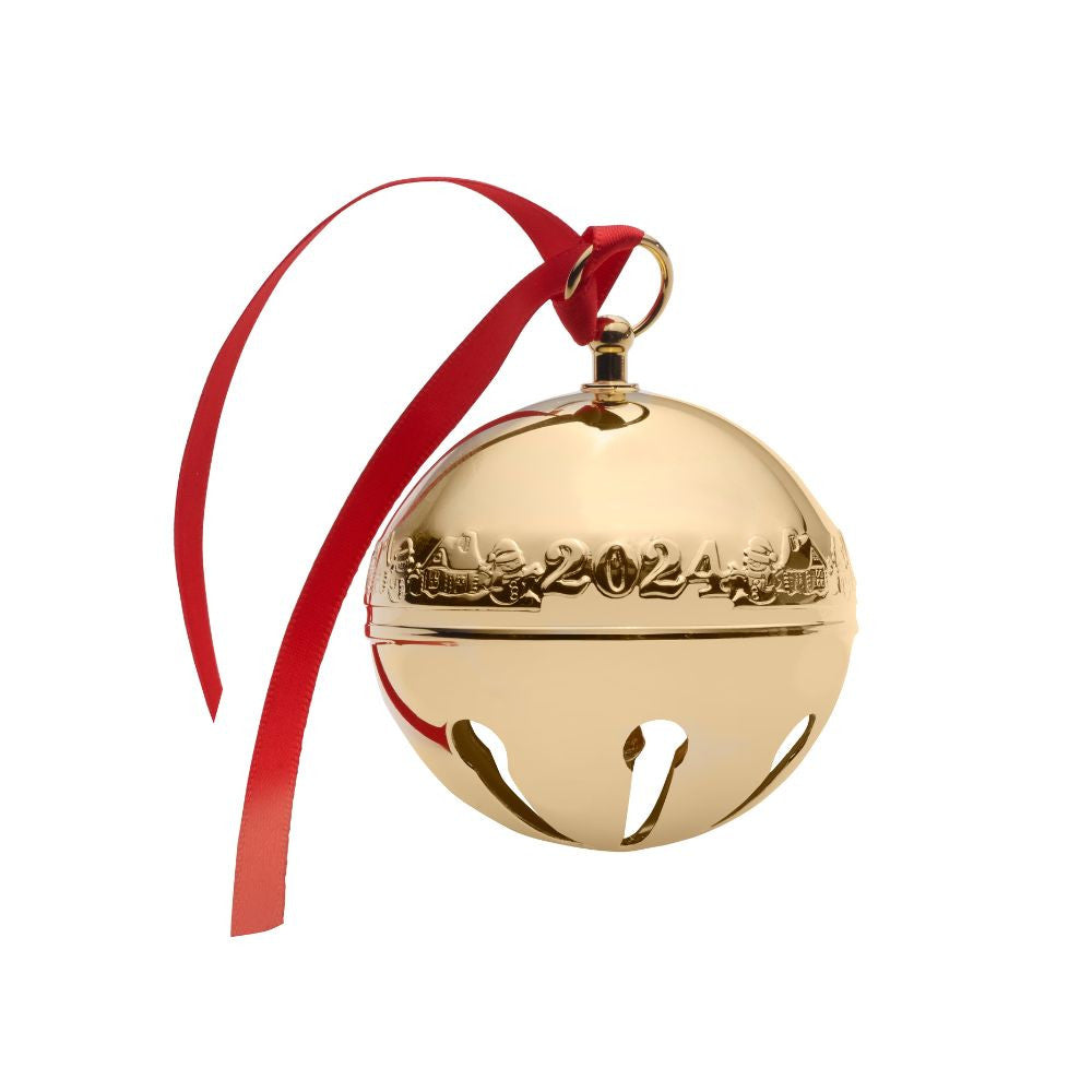 Wallace 2024 Gold-Plate Sleigh Bell - 35th Edition (Snowmen & Log Cabins)