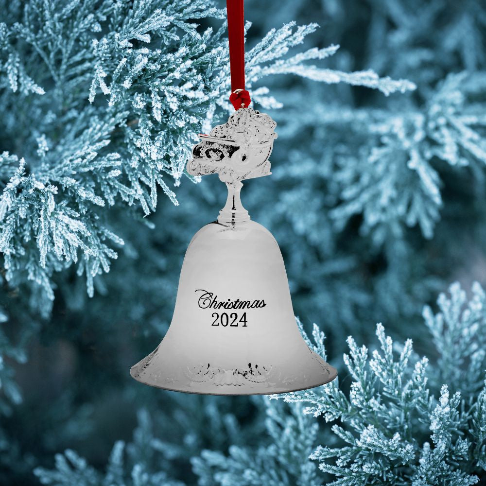 Wallace 2024 Silverplate Grande Baroque Bell Ornament - 30th Edition (Santa in Sleigh Finial)