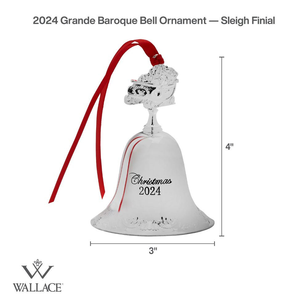 Wallace 2024 Silverplate Grande Baroque Bell Ornament - 30th Edition (Santa in Sleigh Finial)