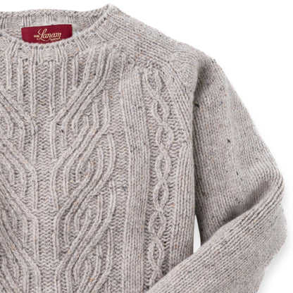 Women's Cable Knit Donegal Lambswool Crew Neck Sweater | Silver Beige Donegal