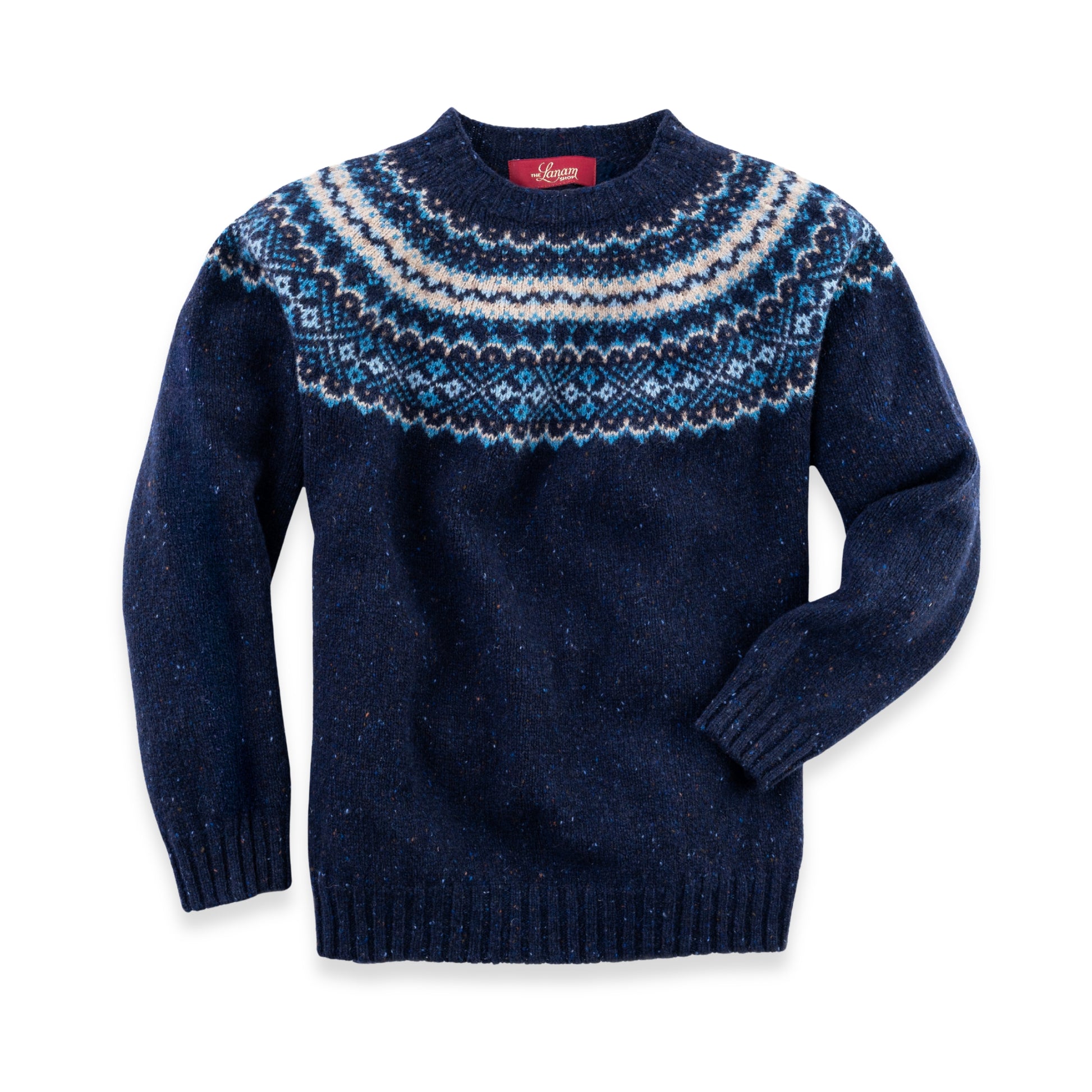 Women's Fair Isle Donegal Lambswool Crew Neck Sweater | Navy Blue Donegal