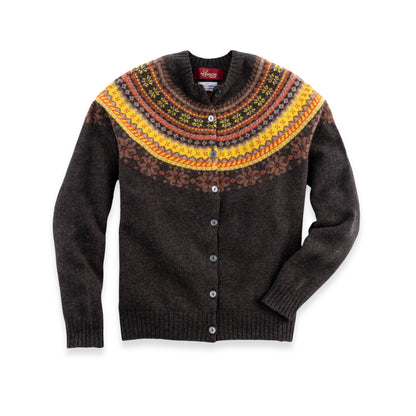 Women's Super-Fine Geelong Lambswool Multi North Star Fair Isle Yoke Cardigan | Cocoa Brown