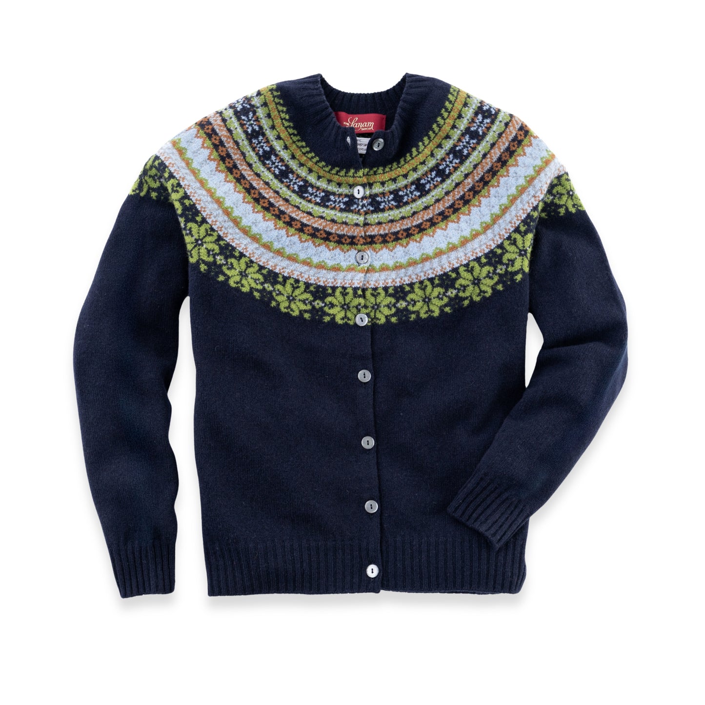 Women's Super-Fine Geelong Lambswool Multi North Star Fair Isle Yoke Cardigan | Navy Blue