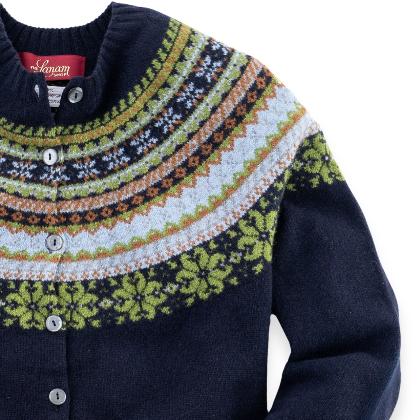 Women's Super-Fine Geelong Lambswool Multi North Star Fair Isle Yoke Cardigan | Navy Blue