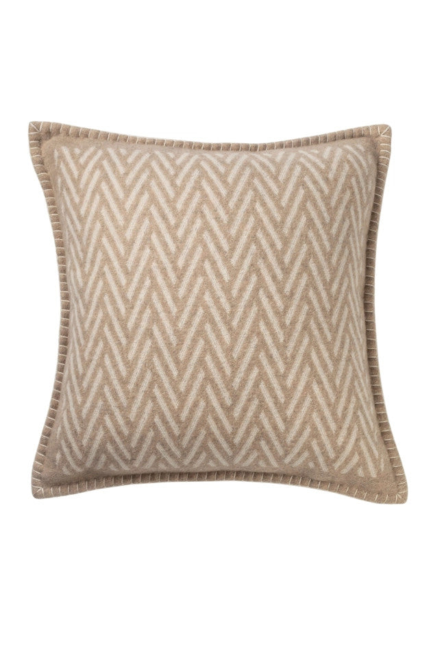 Johnstons of Elgin Merino Wool and Cashmere Herringbone Jacquard Blanket Stitched Pillow in Natural/White