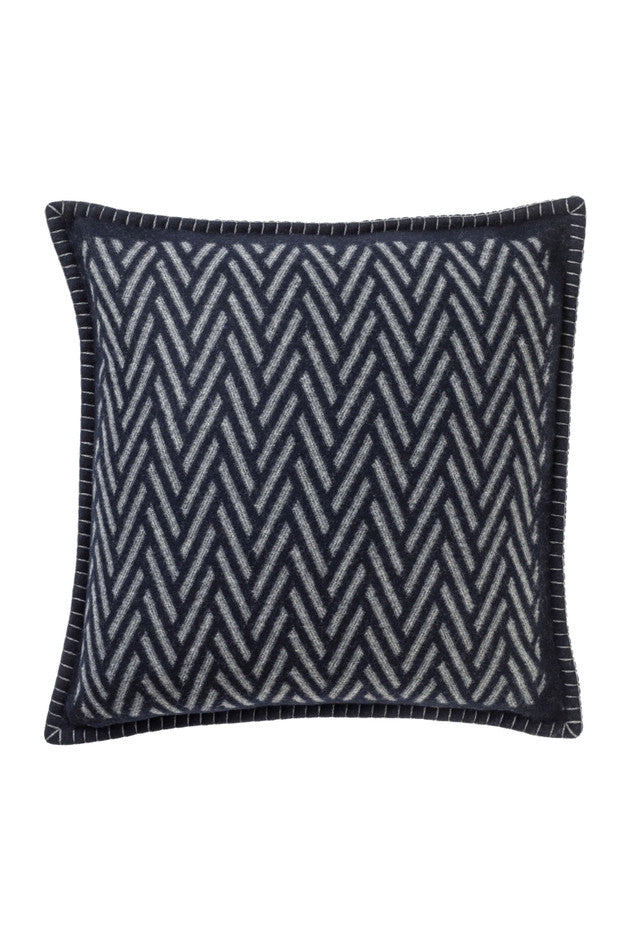 Johnstons of Elgin Merino Wool and Cashmere Herringbone Jacquard Blanket Stitched Pillow in Navy/Mid Grey